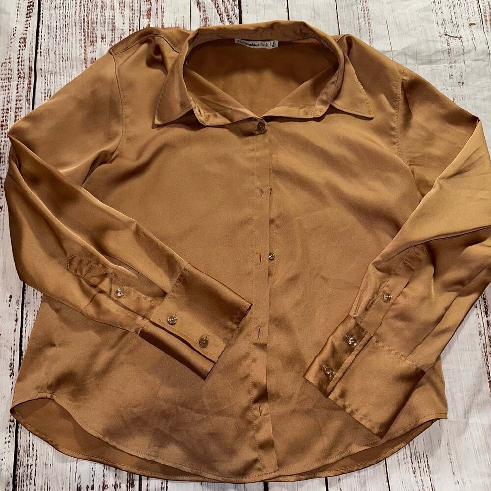 Abercrombie & Fitch Tan Satin Long Sleeve Button-Up Shirt